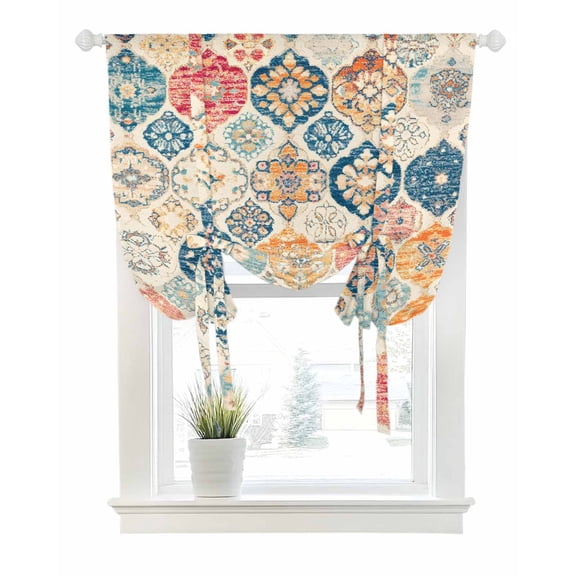 Boho Morocco Tie Up Curtains for Window, Thermal Insulated Balloon Shade Adjustable Rod Pocket Curtains Valance Panels for Kitchen Bathroom Cafe 42 x 54 Retro Farmhouse Ethnic Neutral Aesthetic