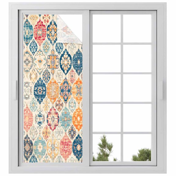 Boho Morocco Window Privacy Film, Retro Farmhouse Ethnic Neutral Aesthetic Static Cling UV Sun Blocking Heat Control Window Tint, Non-Adhesive One Way Windows Privacy Cover 29.5''x78.7''