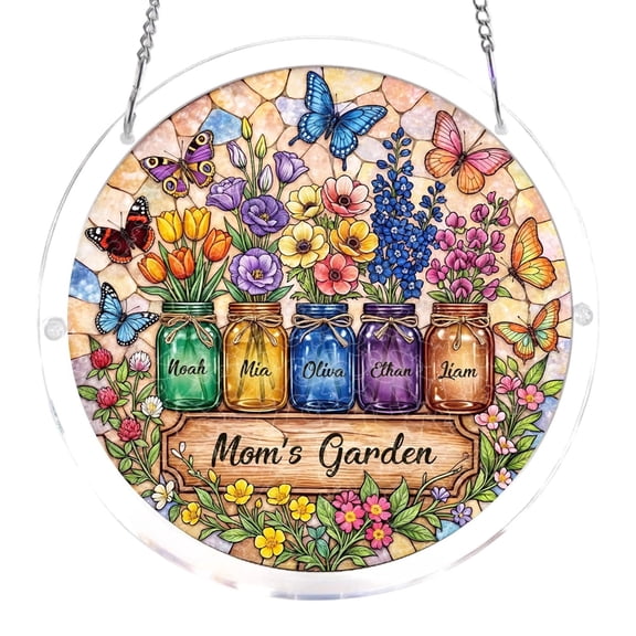 Boho Mosaic Acrylic Mom's Garden Suncatcher, Colorful Butterfly Wildflower Jar Stained Glass Hanging Decor For Vintage Porch