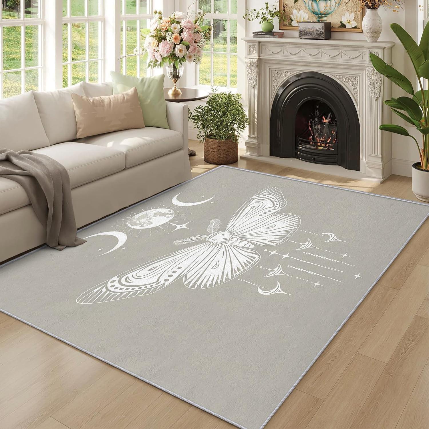 Moon Patterned Rugs Boho Moth Area Rugs, Mystical Celestial Moon Phase Carpet, Washable Non ...
