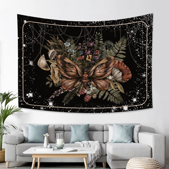 Boho Moth Tapestry for Girls Bedroom Aesthetic, Vintage Mushroom Plant Art Tapestries Wall Hanging for College Dorm Room Decor 79Wx60H