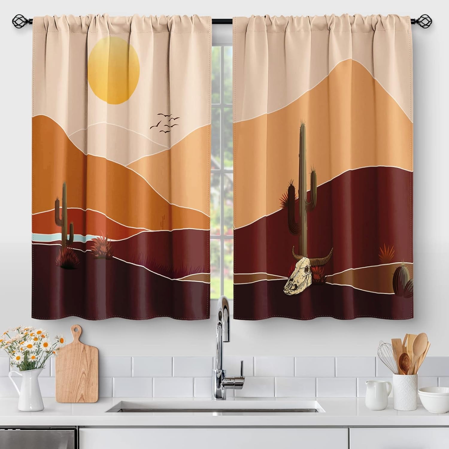 Boho Mountain Cactus Kitchen Curtains - Minimalist Abstract Mid Century ...