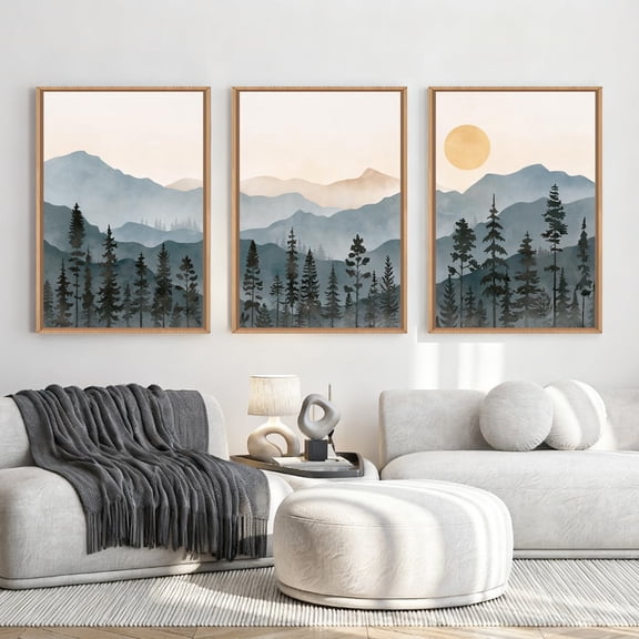 Boho Mountain Canvas Wall Art Forest Pine Tree and Sunrise Wall Painting Bohemia Nature Landsacpe Framed Artwork Set of 3 For Living Room Bedroom and Office 24x36In