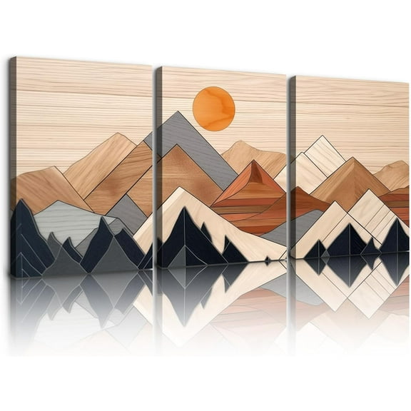 Boho Mountain Canvas Wall Art for Home Decor - Abstract Sun Mountain Forest Nature Scenery Picture Print On Canvas, Bohemian Paintings for Wall HD Giclee Ready to Hang (12x16inch, Set of 3)