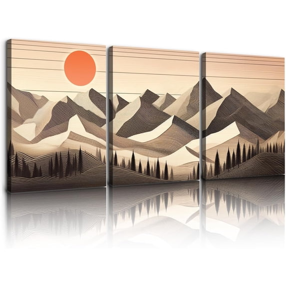 Boho Mountain Canvas Wall Art for Home Decor - Abstract Sun Mountain Forest Nature Scenery Picture Print On Canvas, Bohemian Paintings for Wall HD Giclee Ready to Hang (12x16inch, Set of 3)