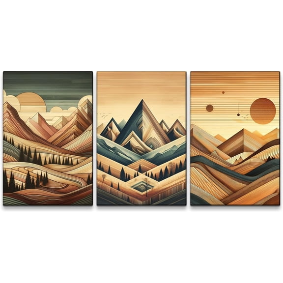 Boho Mountain Canvas Wall Art for Home Decor - Abstract Sun Mountain Forest Nature Scenery Picture Print On Canvas, Bohemian Paintings for Wall HD Giclee Ready to Hang (12x18inch, Set of 3)