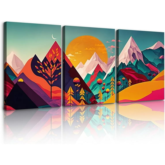 Boho Mountain Canvas Wall Art for Home Decor - Abstract Sun Mountain Forest Nature Scenery Picture Print On Canvas, Bohemian Paintings for Wall HD Giclee Ready to Hang (12x16inch, Set of 3)