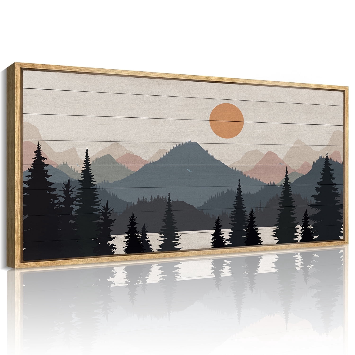 HPNIUB Boho Mountain Framed Canvas Wall Art Tree Forest Misty Woodland Painting Nature Sunrise Landscape Decor for Living Room Bedroom Office 20x40 Inch