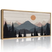 HPNIUB Boho Mountain Framed Canvas Wall Art Tree Forest Misty Woodland Painting Nature Sunrise Landscape Decor for Living Room Bedroom Office 20x40 Inch