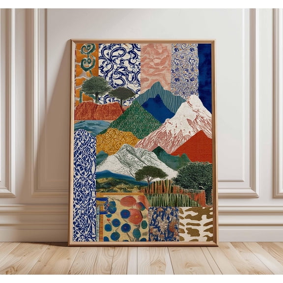 Boho Mountain Collage Poster, Abstract Landscape Wall Art Print, Colorful Nature Artwork, Modern Botanical Decor, Bohemian Home Print, Poster Only