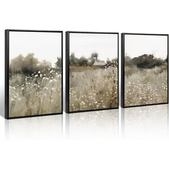 Boho Mountain Flower Wall Art Green Daisy Landscape Canvas Wall Decor Abstract Wildflower Art Prints Watercolor Floral Painting Pictures Nature Posters for Living Room Bedroom