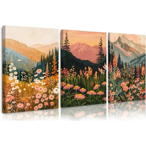 Boho Mountain Flower Wall Art Green Daisy Landscape Canvas Wall Decor Abstract Wildflower Art Prints Watercolor Floral Painting Pictures Nature Posters for Living Room Bedroom