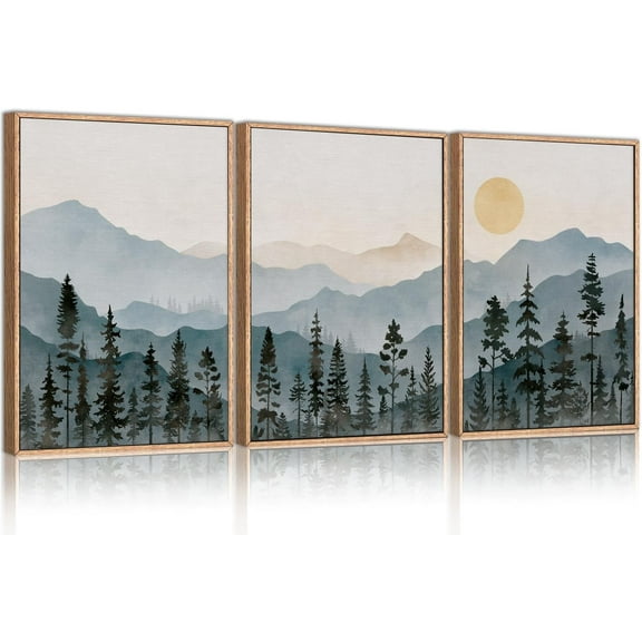 Boho Mountain Framed Canvas Wall Art Set,Watercolor Pine Tree Wall Decor,Minimalist Landscape Illustrations Art Painting for Living Room,Bedroom,Dining Room,Office -16"x24"x3