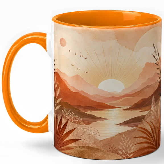 Boho Mountain Lake Sunrise Coffee Mug, Warm Earth Tone Landscape Design, 11 oz Ceramic Cup