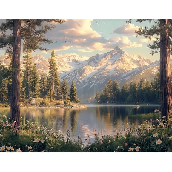 Boho Mountain Landscape Poster Spring Wildflowers Alpine Lake, Poster Only