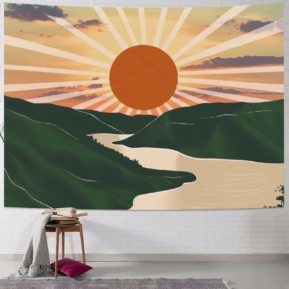 Boho Mountain Sun Tapestry Boho Sunset Sunrise Abstract Nature Landscape Tapestry Moredn Mid Century Aesthetic Minimalist Tapestry Wall Hanging for Bedroom Living Room Dorm