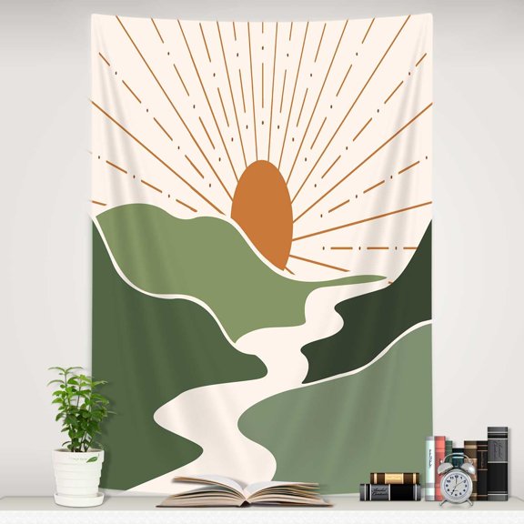 Boho Mountain Sun Vertical Tapestry, Abstract Sunset Landscape Wall Hanging, Aesthetic Minimalist Home Decor, 40 x 60 in
