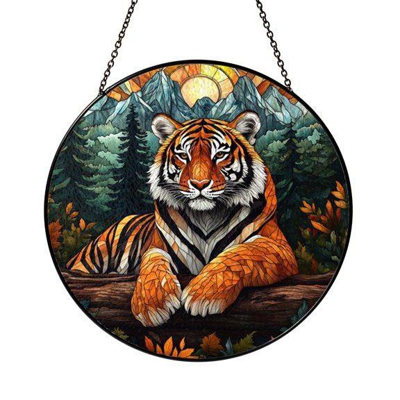Boho Mountain Tiger Round Ornament, Stained Glass Style Ceramic Window or Tree Hanging