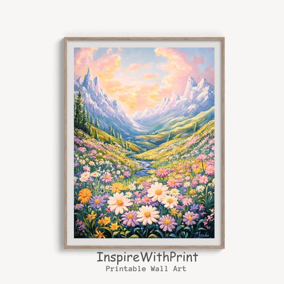 Boho Mountain Wildflower Landscape Poster Mountain Sunset Landscape Printable, Pastel Wildflower Field Art, Colorful Flower Meadow, Size 8x12 UNFFRAMED F03.1.6l8