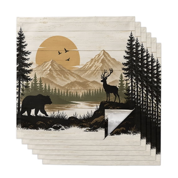 Boho Mountains Cloth Napkins, Country Forest Bear Deer Trees Wood Grain ...