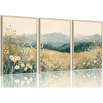 Boho Mountains Flower Canvas Wall Art Daisy Wildflower Landscape Pictures Wall Decor Abstract Watercolor Floral Painting Prints Green Natural Scenery Poster Artwork for Living Room Bedroom