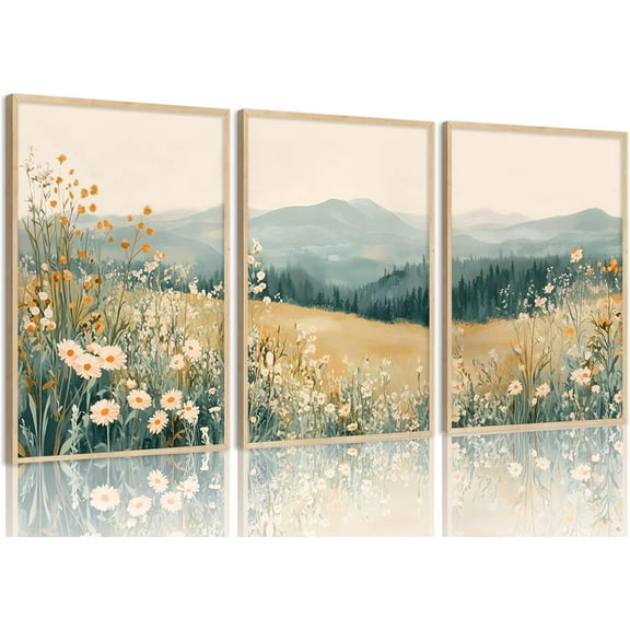 Boho Mountains Flower Canvas Wall Art Daisy Wildflower Landscape Pictures Wall Decor Abstract Watercolor Floral Painting Prints Green Natural Scenery Poster Artwork for Living Room Bedroom