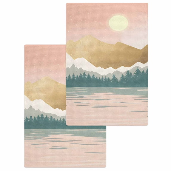 Boho Mountains Kitchen Dish Towels for Drying Dishes Set of 2, Abstract Gold Sun Forest Landscapae Waffle Weave Microfiber Hand Tea Bathroom Towels Quick Dry & Absorbent Towel 15.7x23.6