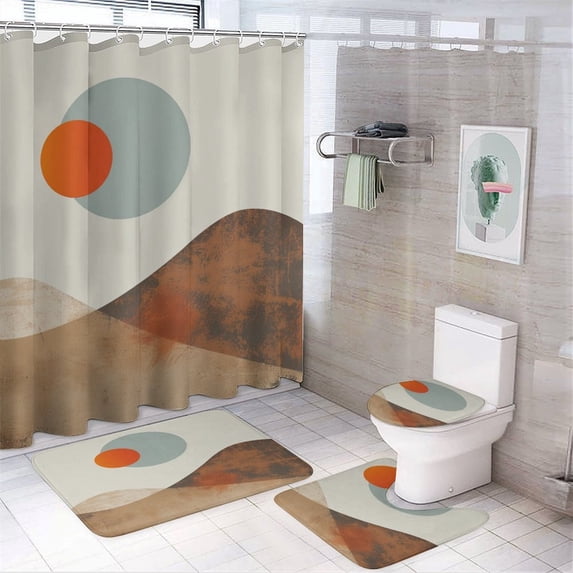 Boho Mountains Landscape 4 Pcs Shower Curtain Sets Bathroom Sets with Curtain Rug Toilet Cover And U Shaped Mat Mountain Sun Forest Waterproof Shower Curtain for Bathtub Decor