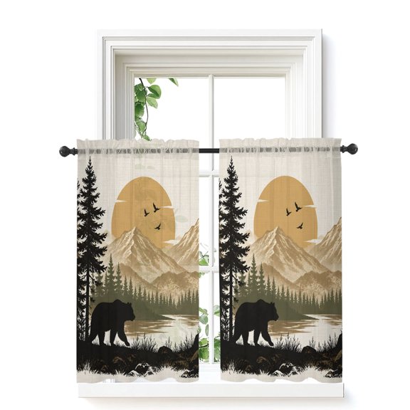 Boho Mountains Sheer Window Curtains 45 Inch Length, Rod Pocket Curtains for Bedroom Living Room Window Country Forest Bear Deer Trees Beige Voile Kitchen Tier Curtains & Drapes 42"x45" 2 Panels