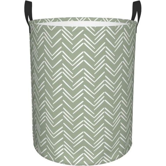 Boho Mud Cloth Chevron Pattern Sage Green Laundry Basket Waterproof Collapsible Round Laundry Hamper Toys Clothes Organizer Gift Basket For Room Medium