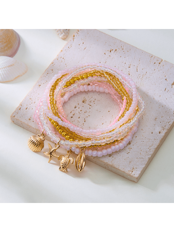 Boho Multi-layer Beaded Bracelet Set For Women Summer Sea Star Shell Turtle Beads Anklet Trendy Layered Beach Jewelry Gift