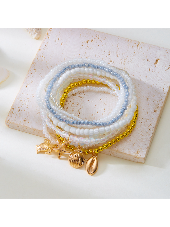 Boho Multi-layer Beaded Bracelet Set For Women Summer Sea Star Shell Turtle Beads Anklet Trendy Layered Beach Jewelry Gift