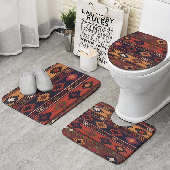 Boho Multicolor Ethnic Pattern with Geometric Shapes Bathroom Rugs Sets 3 Piece,Toilet Cover Set,Absorbent Non Slip Bathroom Mats Sets with U-Shaped Contour Rug Toilet Rug Set