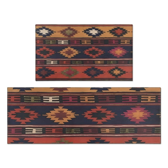 Boho Multicolor Ethnic Pattern with Geometric Shapes Kitchen Rugs Sets Of 2,Anti Fatigue Kitchen Mat Rugs Non Slip Washable,Decorative Kitchen Floor Mats for Kitchen,Sink,Laundry,17"x30"+17"x47"