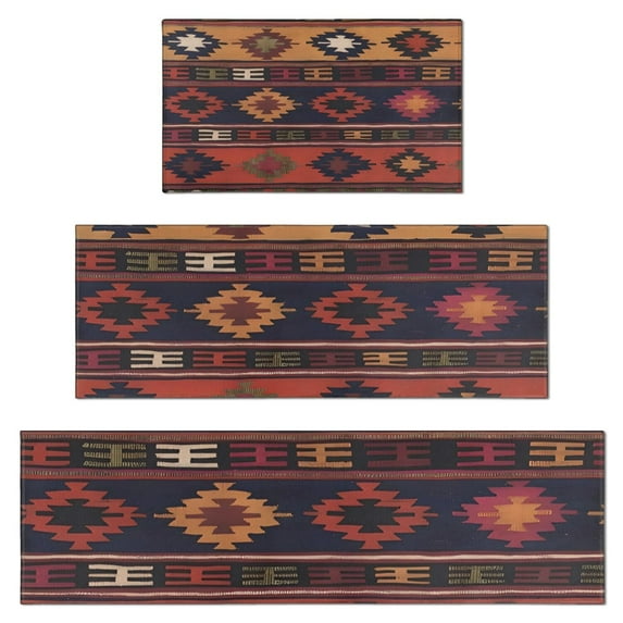 Boho Multicolor Ethnic Pattern with Geometric Shapes Kitchen Rugs Sets Of 3,Kitchen Runner Rugs Non Skid Washable,Decorative Kitchen Floor Mats for Kitchen,Sink,Laundry,17"x30"+ 17"x47" + 17"x59"