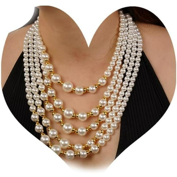 Boho Multilayered Strand Faux Pearls Choker Necklace Flapper Beads Cluster Long Chunky Gold Chain for Women(style 1)