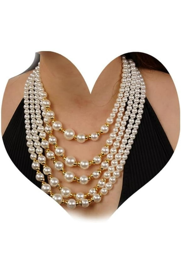Boho Multilayered Strand Faux Pearls Choker Necklace Flapper Beads Cluster Long Chunky Gold Chain for Women(style 1)