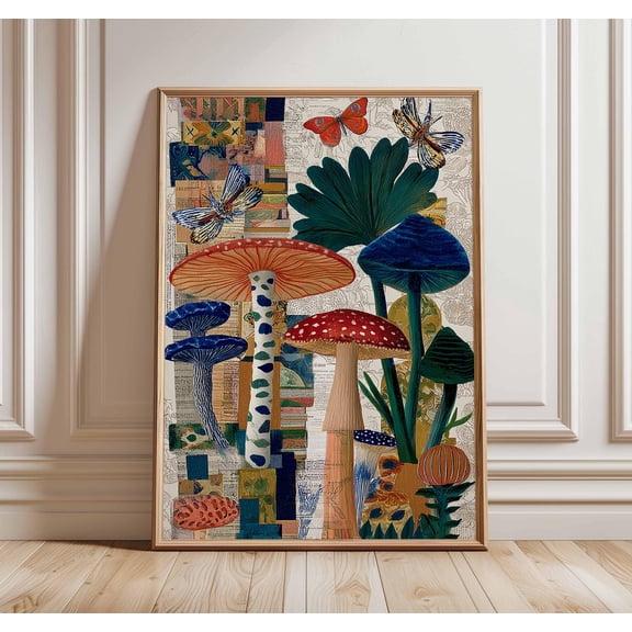 Boho Mushroom Art Print Botanical Collage Butterfly Wall Decor