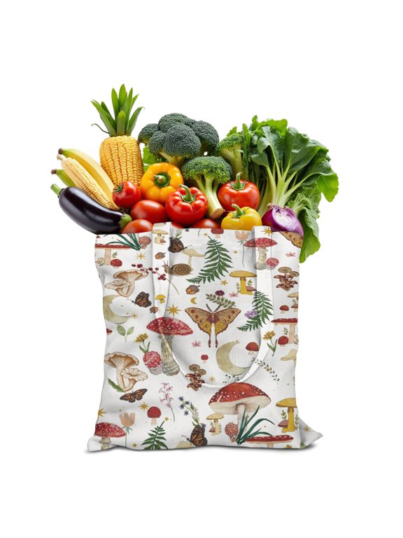 Boho Mushroom Canvas Tote Bag, Reusable Woodland Mushroom Handbag, Eco-Friendly Whimsical Mushroom Shopping Bag for Women