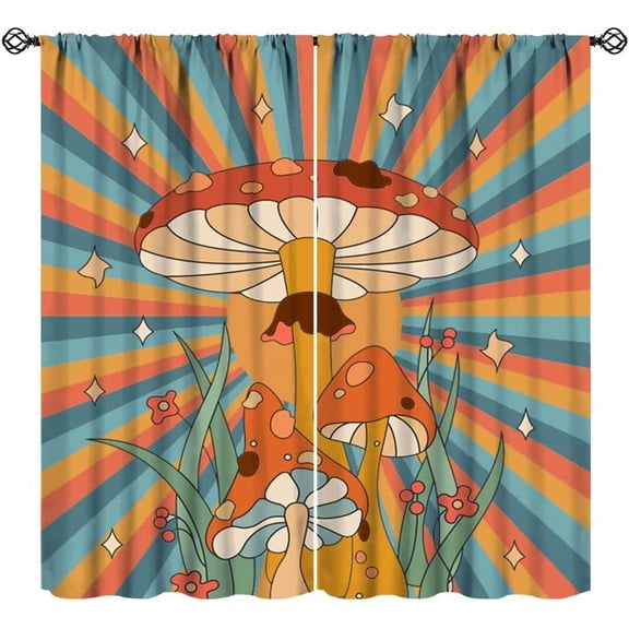 Boho Mushroom Curtains, 1970s Retro Sunset Rainbow Boho Herbs Flowers Blue Yellow Abstract Geometric Print Window Drapes for Kids Bedroom Living Room 55x39in