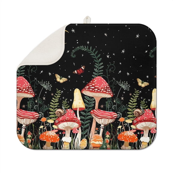 Boho Mushroom Dish Drying Mat for Kitchen Counter 18x16 Inch Super Absorbent Microfiber Heat Resistant Drying Pad Foldable Sink Mat Cottagecore Aesthetic