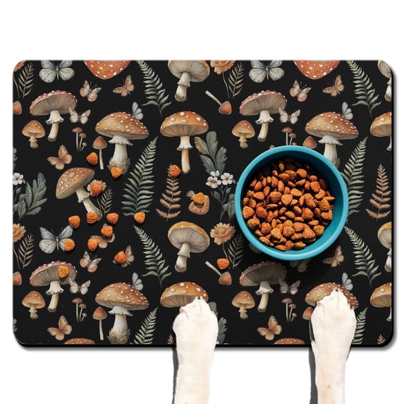Boho Mushroom Dog Feeding Mat - Absorbent Waterproof Pet Food Mat - Non-Slip Dog Bowl Mat - Vintage Mushroom Design - 4-Layer Eco-Friendly Mat for Messy Eaters 12"X19"