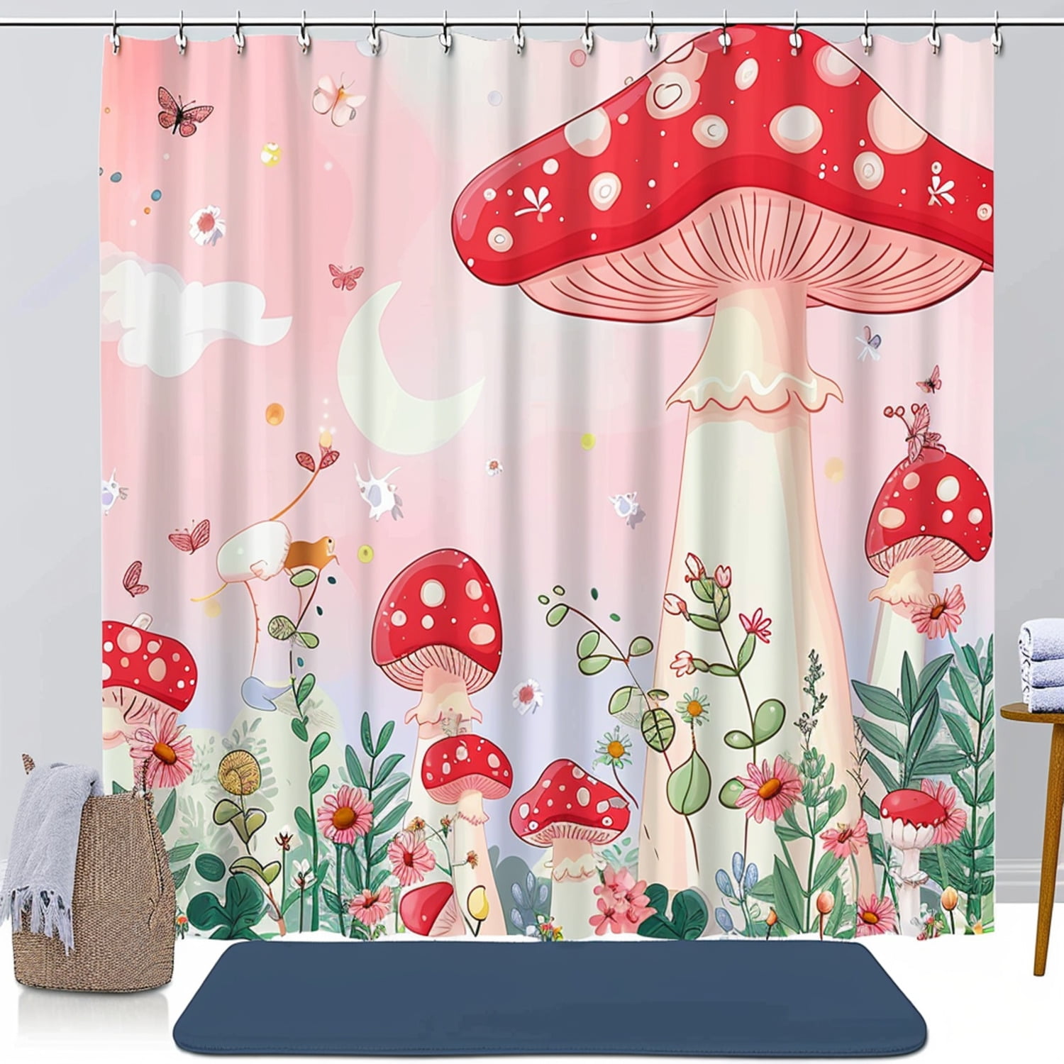 Boho Mushroom Garden Shower Curtain Set Cute Cartoon Style with Snails