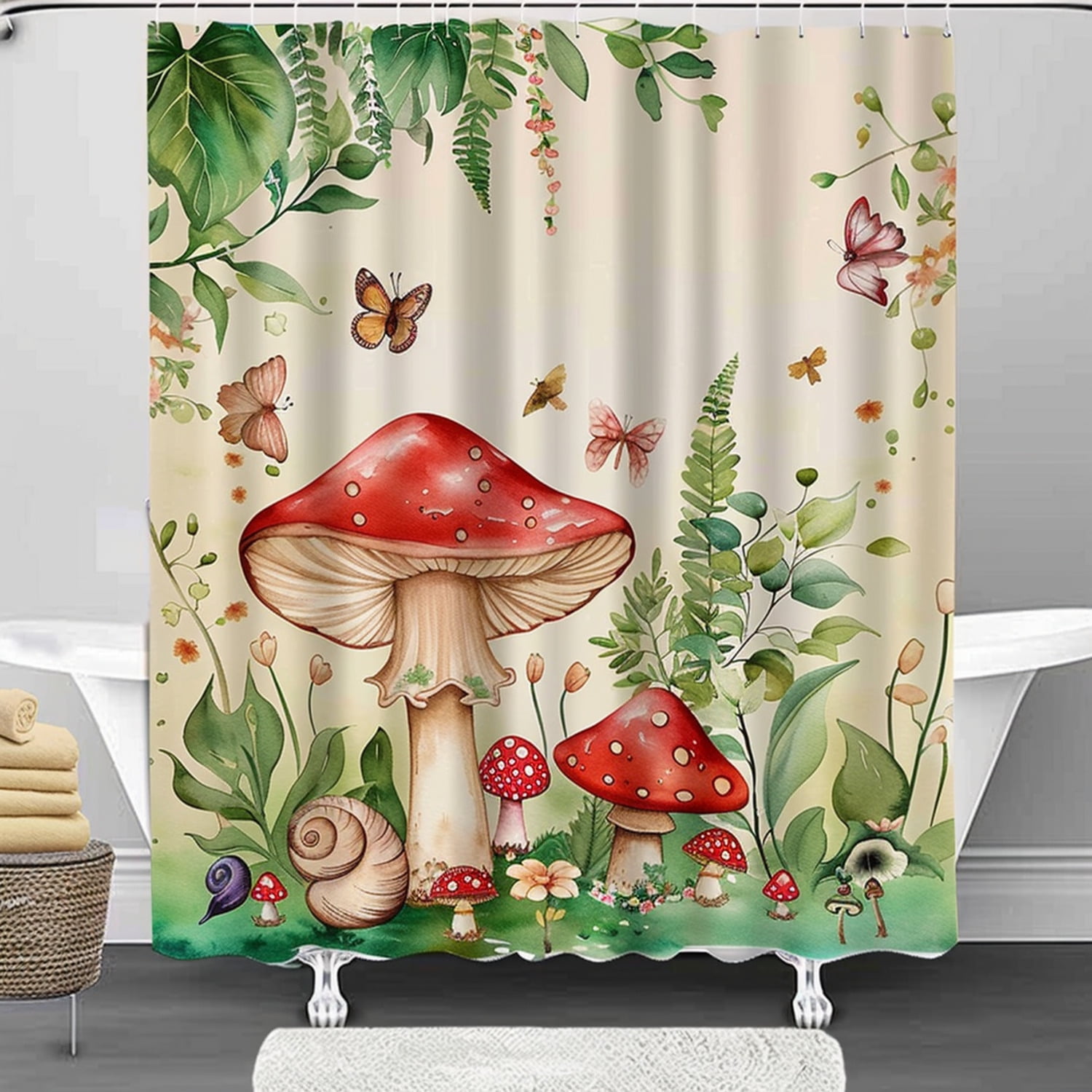 Boho Mushroom Garden Watercolor Shower Curtain Cute Butterflies Snails