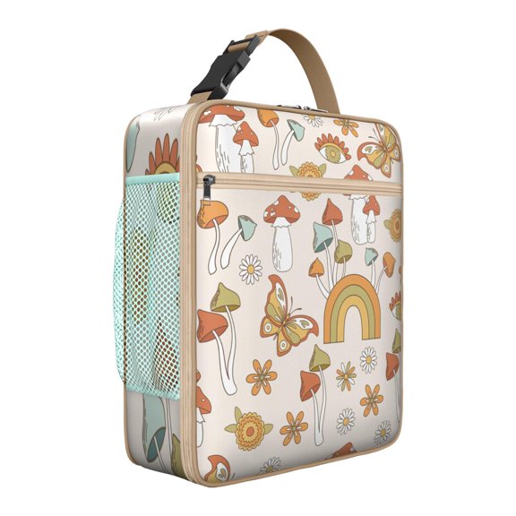 Boho Mushroom Insulated Lunch Bag – Vintage Magical Forest Mushrooms Design, Woodland Botanical and Whimsical Fairy Tale Mushroom Pattern, Durable Waterproof Thermal Cooler Tote