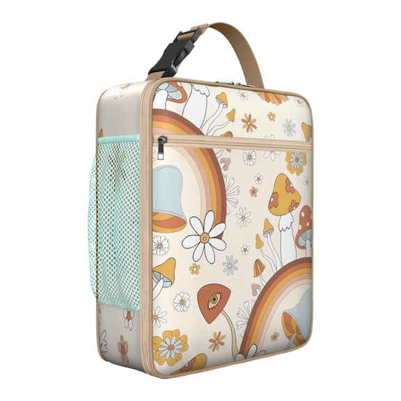 Boho Mushroom Insulated Lunch Bag – Vintage Magical Forest Mushrooms Design, Woodland Botanical and Whimsical Fairy Tale Mushroom Pattern, Durable Waterproof Thermal Cooler Tote