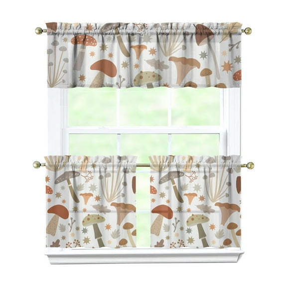 Boho Mushroom Kitchen Curtains Set, Woodland Mushroom and Aesthetic Fungi Gothic Rod Pocket Tier and Valance, Cottagecore Fungi Inspired Panels