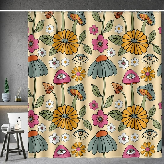 Boho Mushroom Shower Curtain - 60s 70s Retro Bohemian Flowers Eyes Floral Fabric Cloth Bath Shower Curtain Set with 12 Hooks for Bathroom Decor Accessories, 72"x72"
