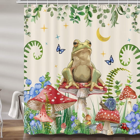 Boho Mushroom Shower Curtain, Frog Snail Butterfly Floral Aesthetic Fabric Shower Curtains Set For Bathroom, Green Plant Leaves Botanical Restroom Decor Accessories With Hooks 72X 72 Inch Beige