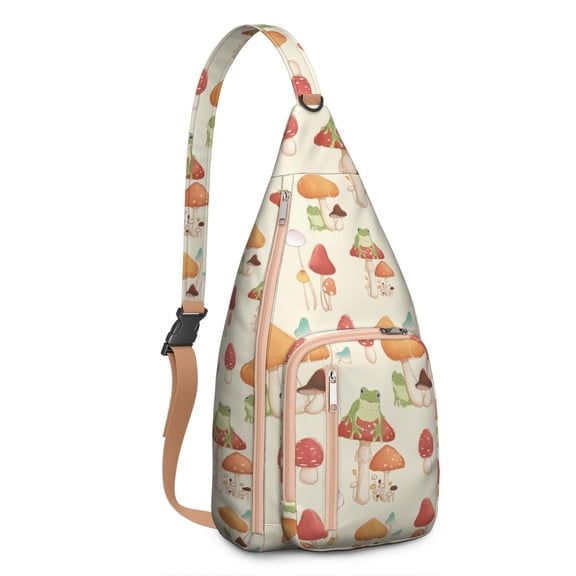 Boho Mushroom Sling Backpack – Aesthetic Crossbody Bag with Whimsical Forest Fungi Print – Lightweight Shoulder Backpack for Travel, Hiking, and Cottagecore Adventures